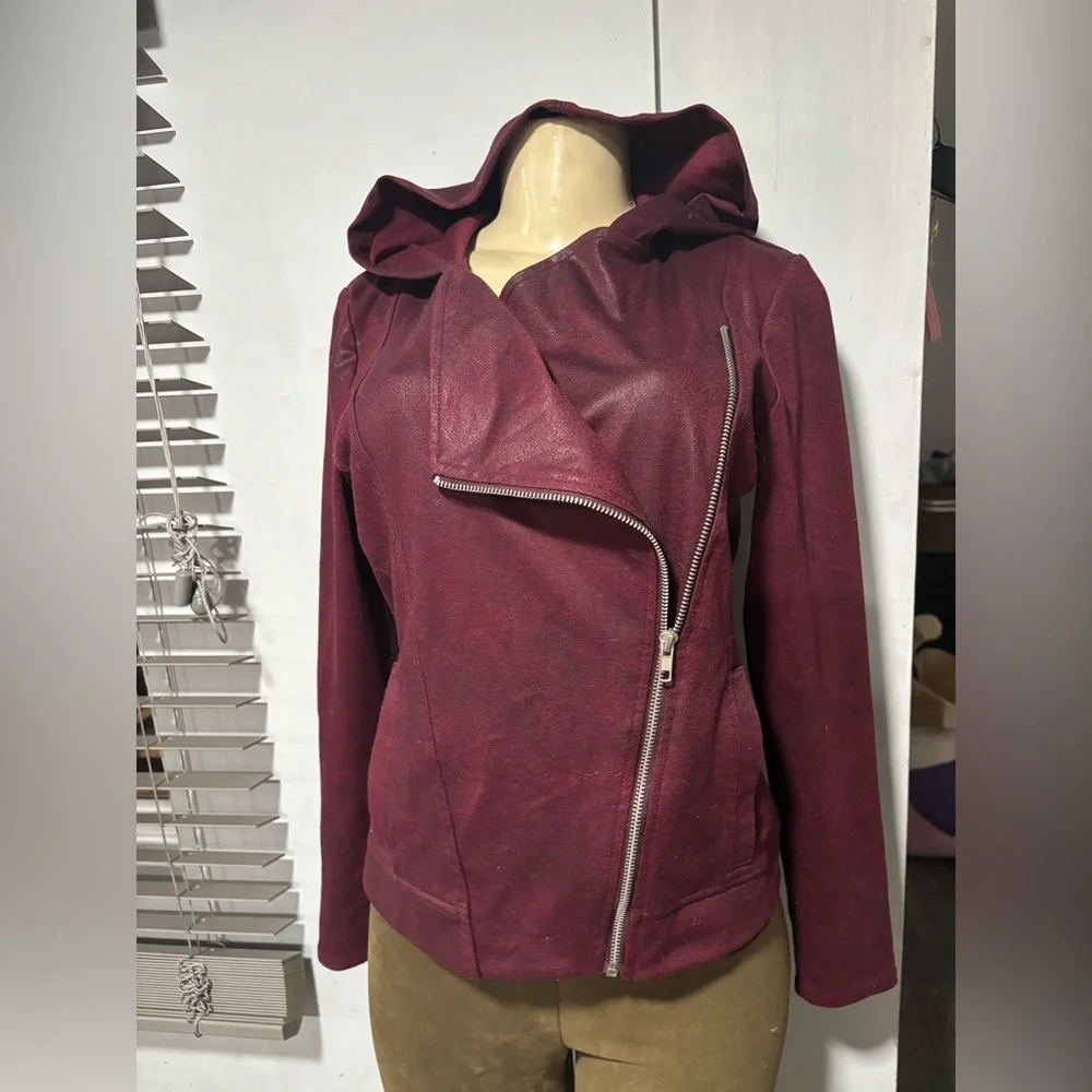 New York & Company Maroon Hooded Leather Jacket - Picture 4 of 7